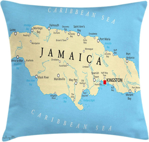 Jamaican Throw Pillow Cushion Cover, Map of Jamaica Kingston Caribbean Sea Important Locations in Country, Decorative Square Accent Pillow Case, 20" X 20", Pale Blue Beige Black