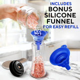 Beautiful Stainless Steel Salt & Pepper Grinders Refillable Set - Two 7 oz Salt / Spice Shakers with Adjustable Coarse Mills - Easy Clean Ceramic Grinders with BONUS Silicone Funnel and Cleaning Brush