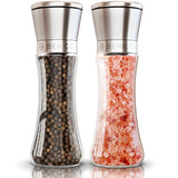 Beautiful Stainless Steel Salt & Pepper Grinders Refillable Set - Two 7 oz Salt / Spice Shakers with Adjustable Coarse Mills - Easy Clean Ceramic Grinders with BONUS Silicone Funnel and Cleaning Brush